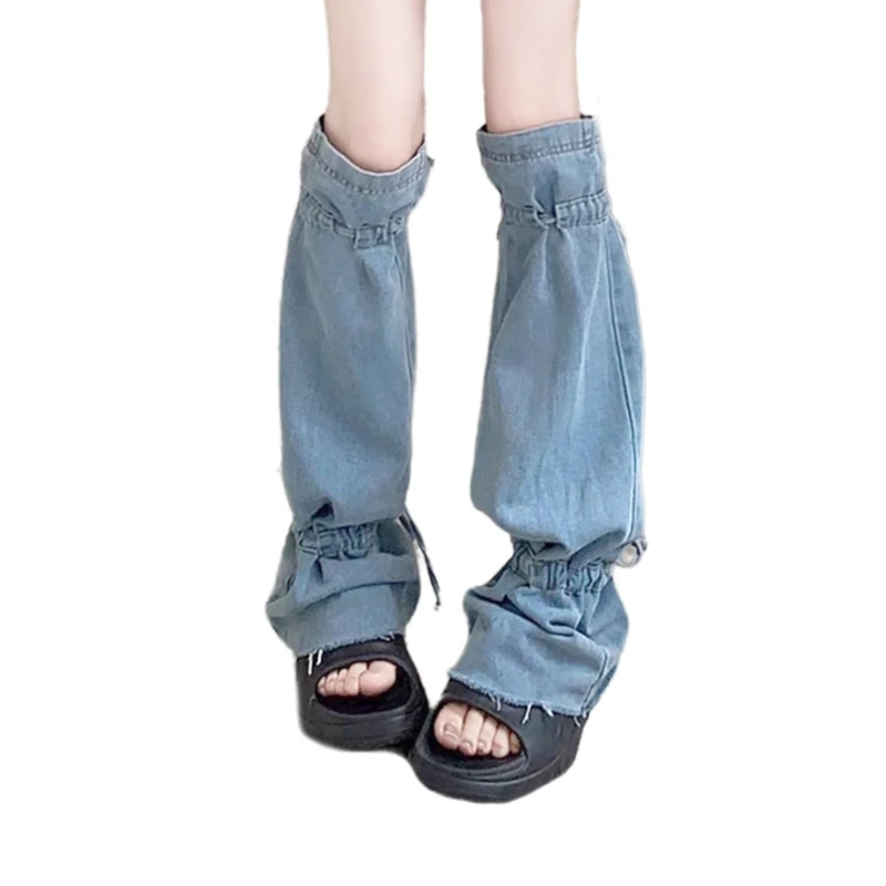 Women Punk Flared Thigh Length Leg Warmer Pleated Drawstring Denims Long Socks