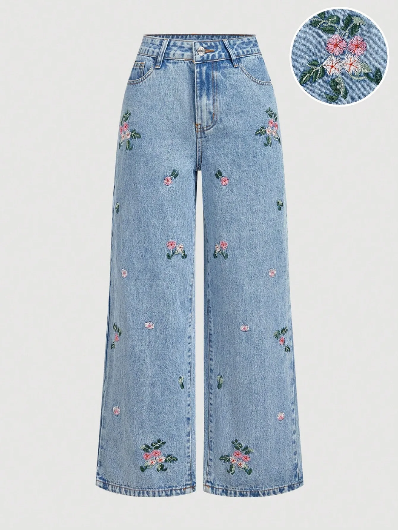 2026Autumn Denim Pant Women Jeans Vintage Wide Leg Long Pants Floral High Waist Straight Trousers Streetwear Elegant Work Casual