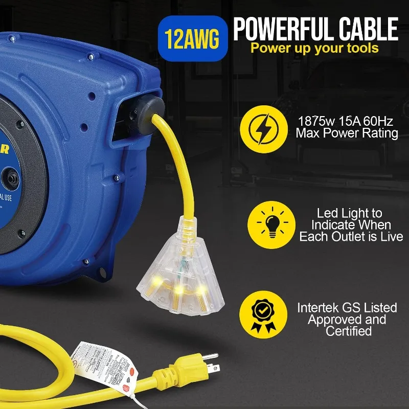 Extension Cord Reels (12AWG x 40 FT (SJTOW Cable) w/LED Light-Up Tap)