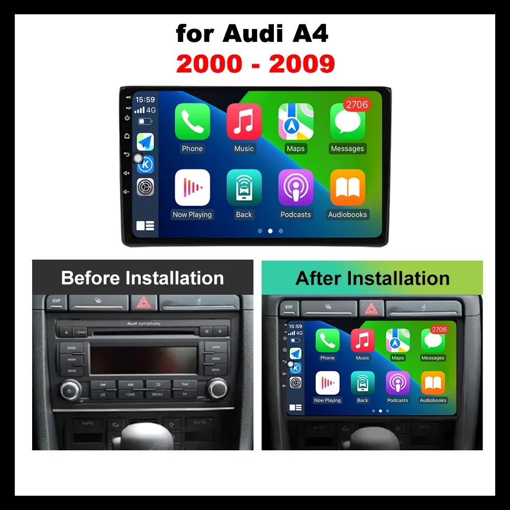 Android 14 เครื่องเล่นมัลติมีเดียสําหรับAudi A4 B6 2000 - 2009 Carplay Android Auto Carวิทยุสเตอริโอเครื่องเล่นมัลติมีเดีย 4G Wifi