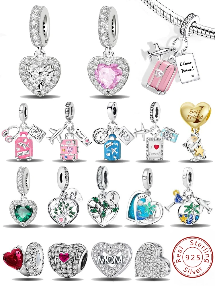 

925 Sterling Silver Zircon Pendants Suitcase Love Heart Airplane Charms Beads Fit Original Pan Bracelet DIY Jewelry For Women