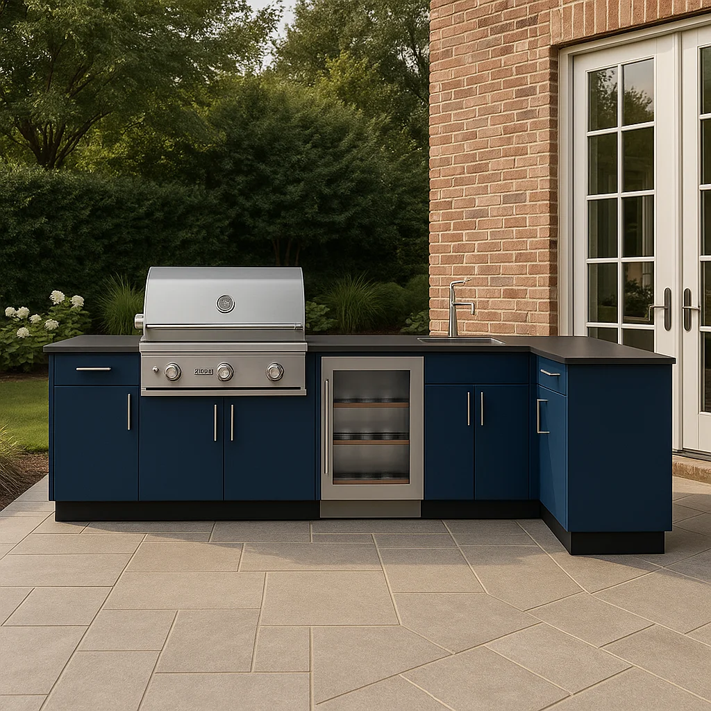 Luxury Outdoor BBQ Island Kitchen Counter With Sink Fridge Modular Waterproof Design Stainless Steel Outdoor Kitchen Cabinet