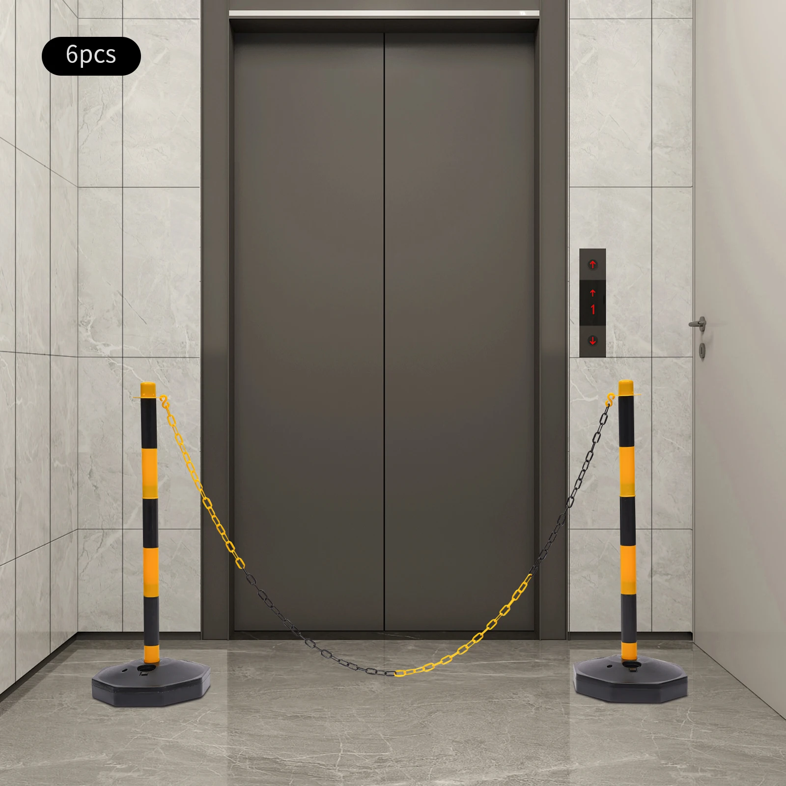 6 Pack Yellow Black Traffic Cones Fillable Base Delineator Post,Street Stanchions Construction Barrier Parking Chain Railing