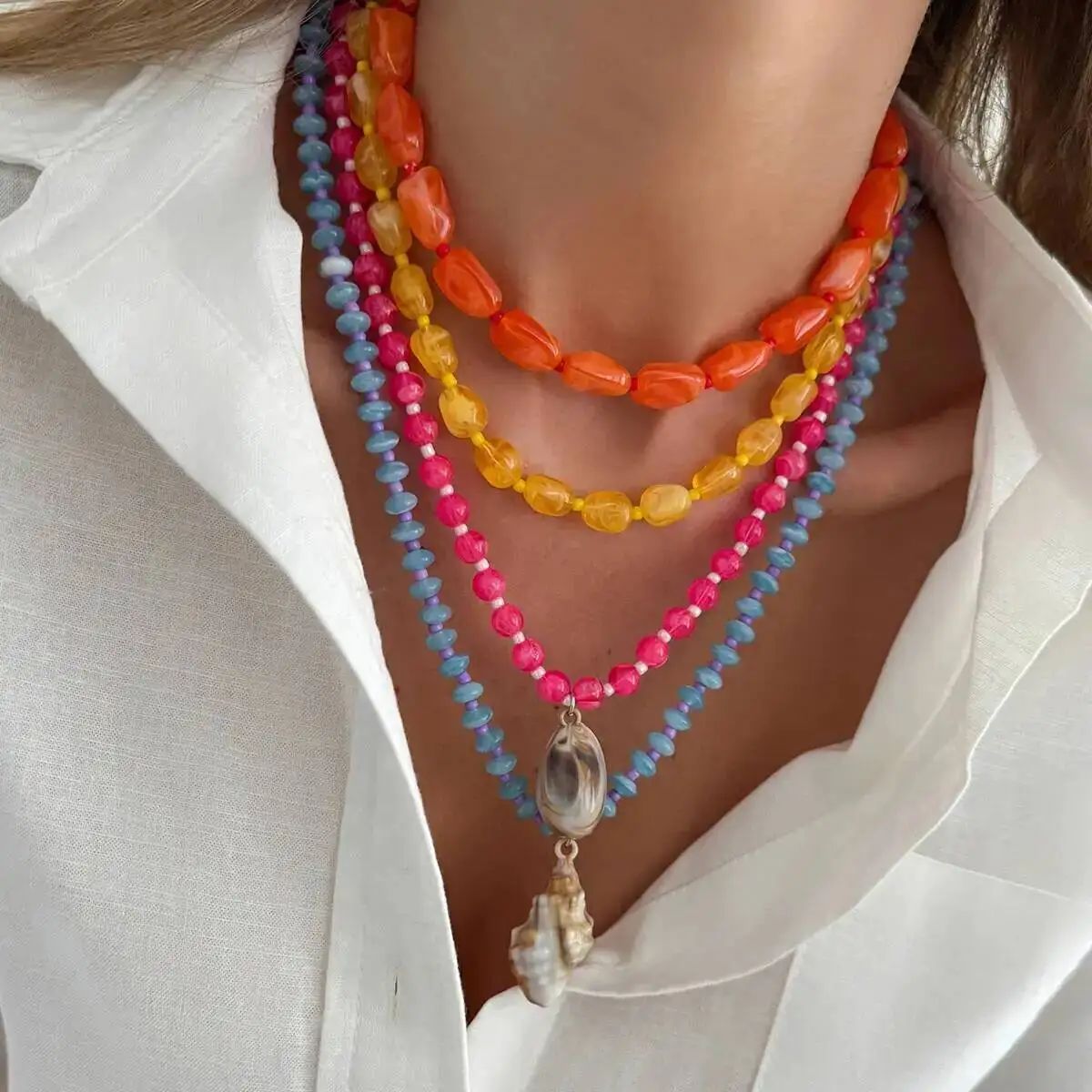 IngeSight.Z 4Pcs/Set Summer Boho Colorful Resin Rice Beads Choker Necklace Creative Plastic Conch Pendant Neck Accessory Jewelry