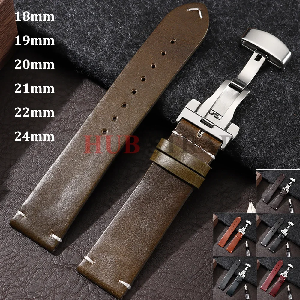 Bracelet de montre vintage en cuir huilé ciré 18mm 19mm 20mm 21mm 22mm 24mm, sangle universelle en cuir de vachette avec coutures pour montres Seiko et Omega