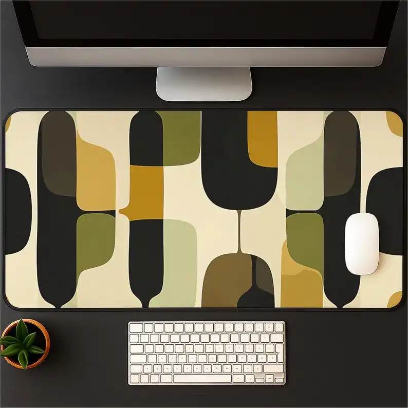 Vintage Geometric Deskmat,mid-century Modern Abstract Shape Mousepad in Earthy Green and Gold,gaming Mat for Stylish Desk Setups