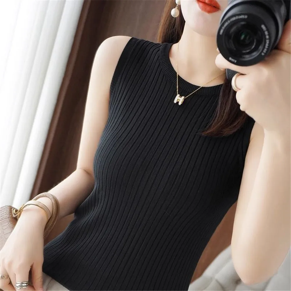 Y2K Tank Top Half Neck Vest Female Sleeveless Sweater O-neck Knitted Top Women Chic Cut Out Streetwear Solid Skinny Tube Top