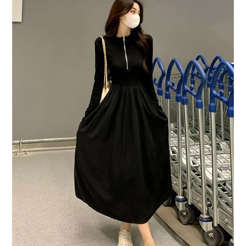 Fashion Stand Collar Zipper Spliced Folds Casual Dress Female Clothing 2024 Autumn New Loose Korean Solid Color Princess Dress