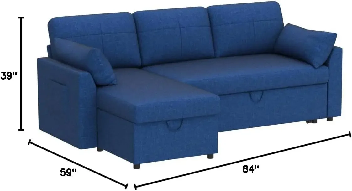 Sofa Bed Sleeper Sofa with Storage Chaise 2 in 1 Pull Out Couch Sofa for Home Office Living Room Comfy Sleeper Blue Linen