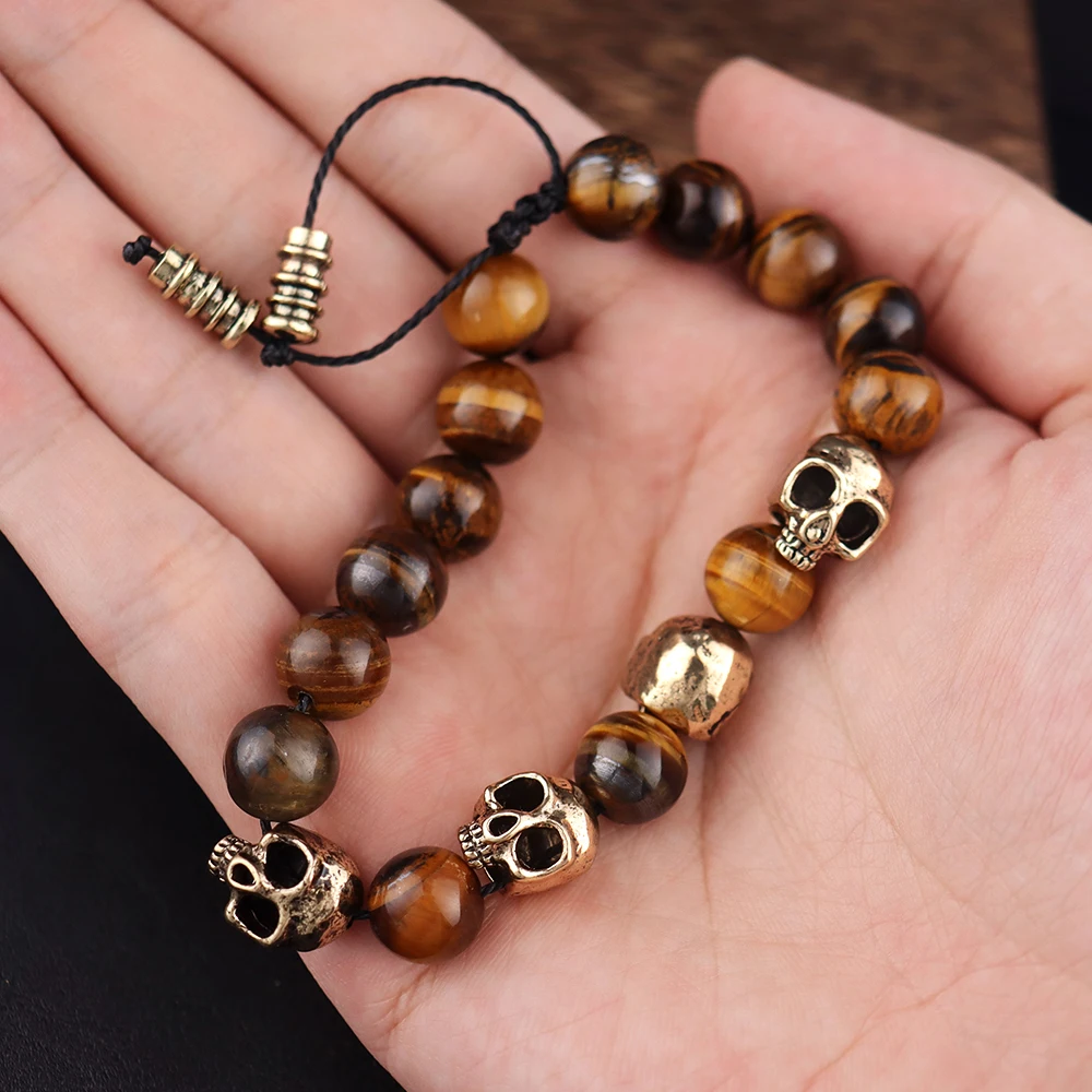 Dark Vintage Agate Skull Bracelet for Men Natural Stone Tiger Eye Charm Women Bracelet Punk Hip Hop Adjustable Jewelry Wholesale