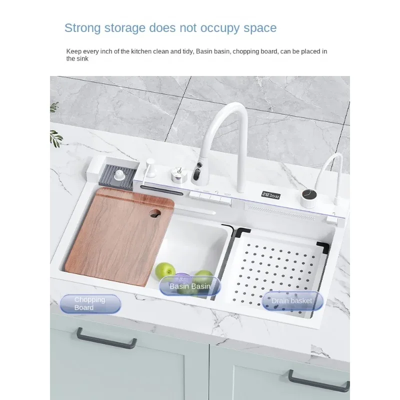 White flying rain waterfall sink integrated multi-functional large single slot 304 stainless steel vegetable washing sink