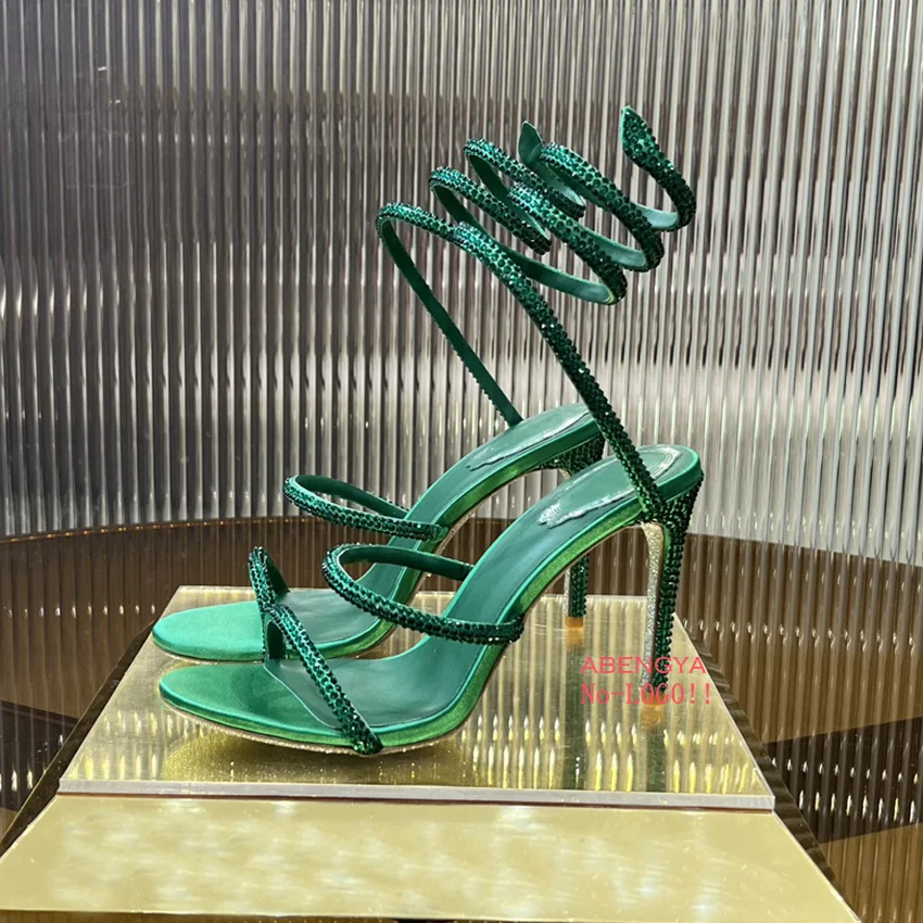 

Summer Sexy Crystal Gladiator Sandals Women Open Toe Leather Ankle Strap High Heel Shoes Designer Party Wedding Shoes For Women