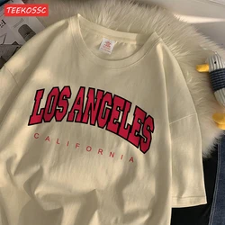 Casual Cotton Womens T-Shirts Los Angeles California Letter Printed Streetwear Soft O-Neck Loose Summer Fashion Female Clothes