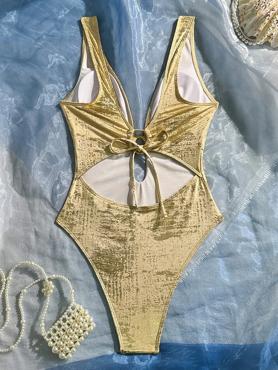 Golden Glitter Deep V Neck Female Swimwear One Piece Swimsuit Women Backless Monokini High Leg Cut Bathing Suit Swim Beachwear