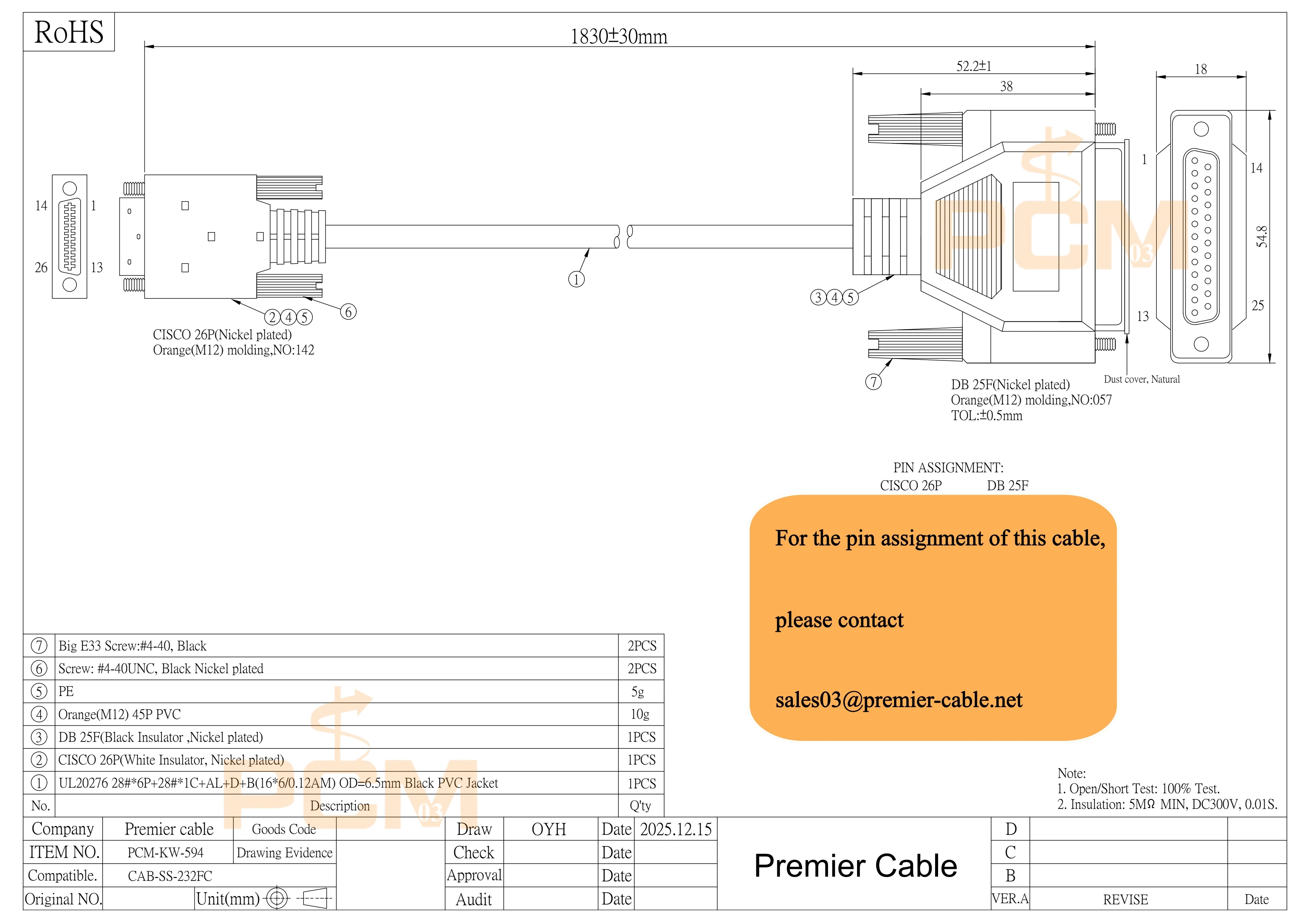 Cisco Compatible CAB-SS-232FC Smart Serial 26pin to RS-232 DB25 Female DCE Cable 72-1430-01 for Cisco HWIC & WIC ISR router