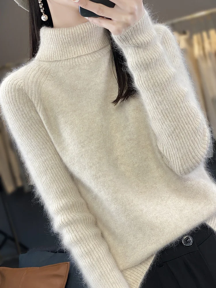 Autumn Winter 100% Mink Cashmere Women's Pullover Sweater Turtleneck Long Sleeve Cashmere Knitwear Soft Warm Korean Clothing Top