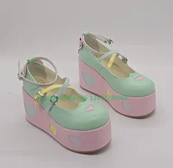 Lady candy colorful platform bowtie buckle strap shoes shape heart light pink green shoes elegant Lolita style Mary Jane shoes