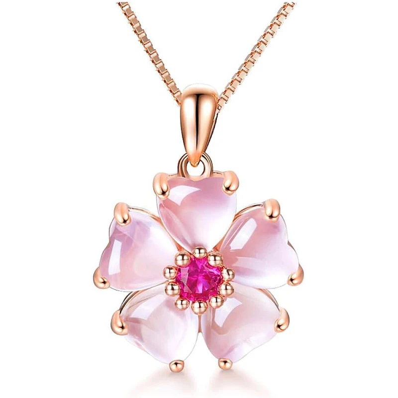 

Rose Gold Cherry Blossoms Necklace for Graduation Pink Beautiful Artificial Stone Crystal Necklace Best Gifts for Women Friend