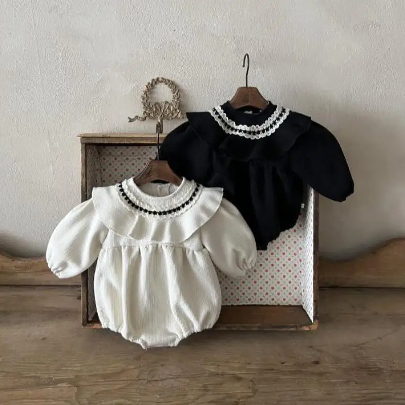 2024 Winter New Baby Girl Plus Velvet Thick Bodysuit Long Sleeve Newborn Toddler Ruffled Collar Jumpsuit Infant Girl Clothes