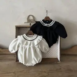 2024 Winter New Baby Girl Plus Velvet Thick Bodysuit Long Sleeve Newborn Toddler Ruffled Collar Jumpsuit Infant Girl Clothes