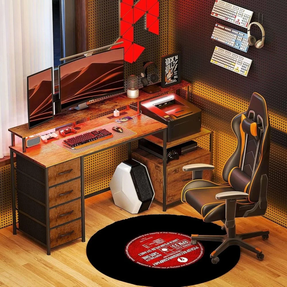 Rustic Brown 67 Gaming Desk with File Cabinet, Fabric Drawers, Power Outlets, LED Lights, Monitor Stand, and Printer Shelf for H