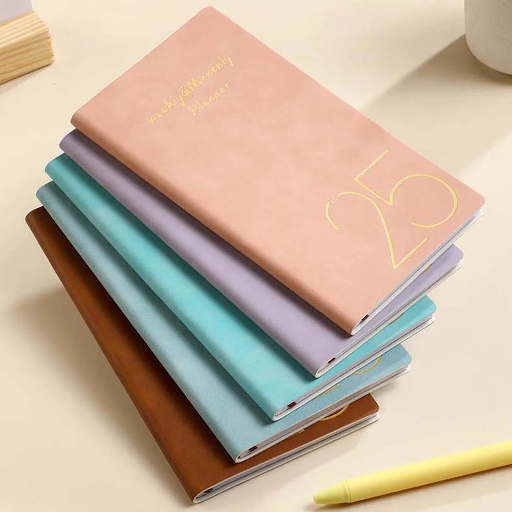 Solid Color 2025 Planner Notebook Time Organizer Daily Planner Reminder A6 Planner Notepad PU Textured Efficiency