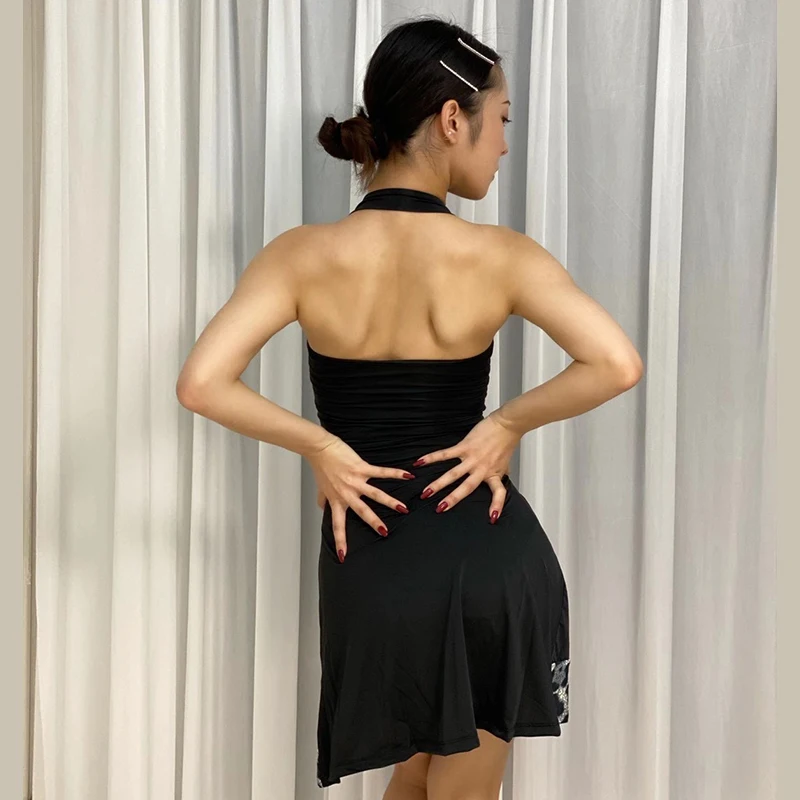 Summer Backless Latin Dance Dress Women Rumba Dancewear Leopard ChaCha Performance Costume Samba Dancing Prctice Dress YS4128