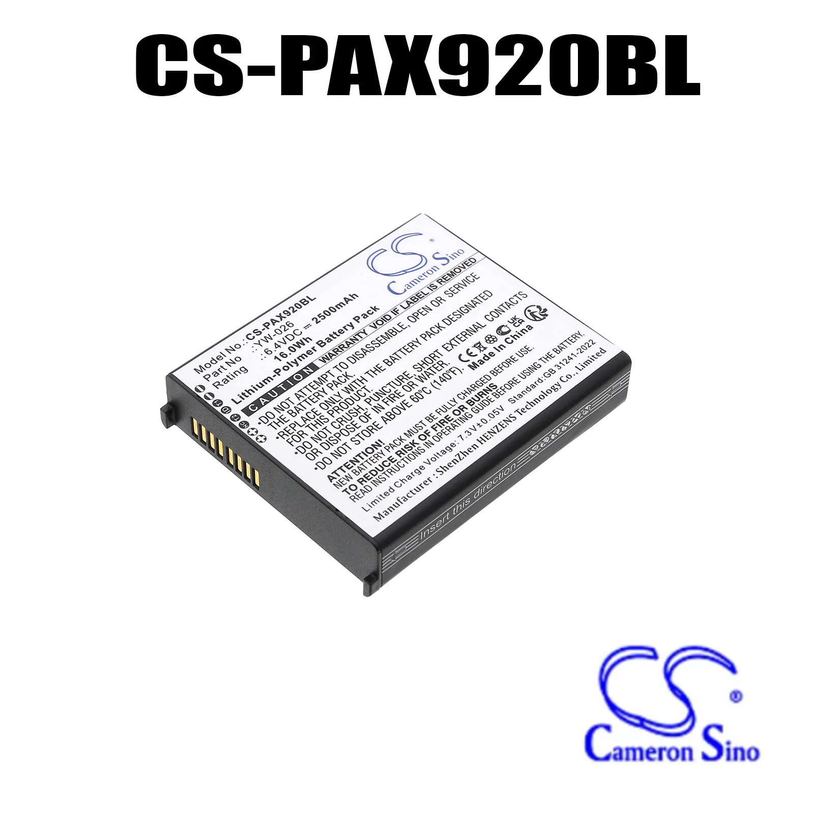Cameron Sino Payment Terminal Battery Compatible with Pax A920 MAX YW-026