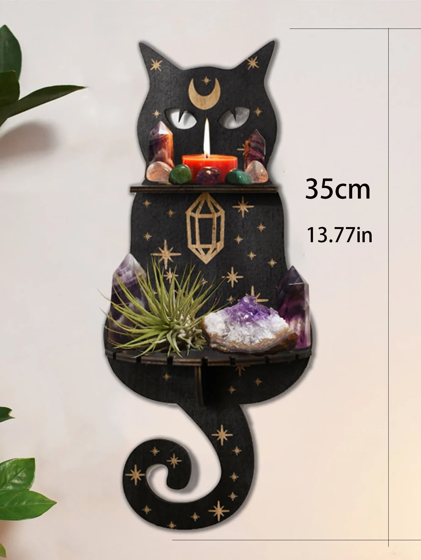 BLACK CAT　壁飾り棚 Black Cat Wooden Shelf Moon Phase Floating Shelf Chakra Crystal