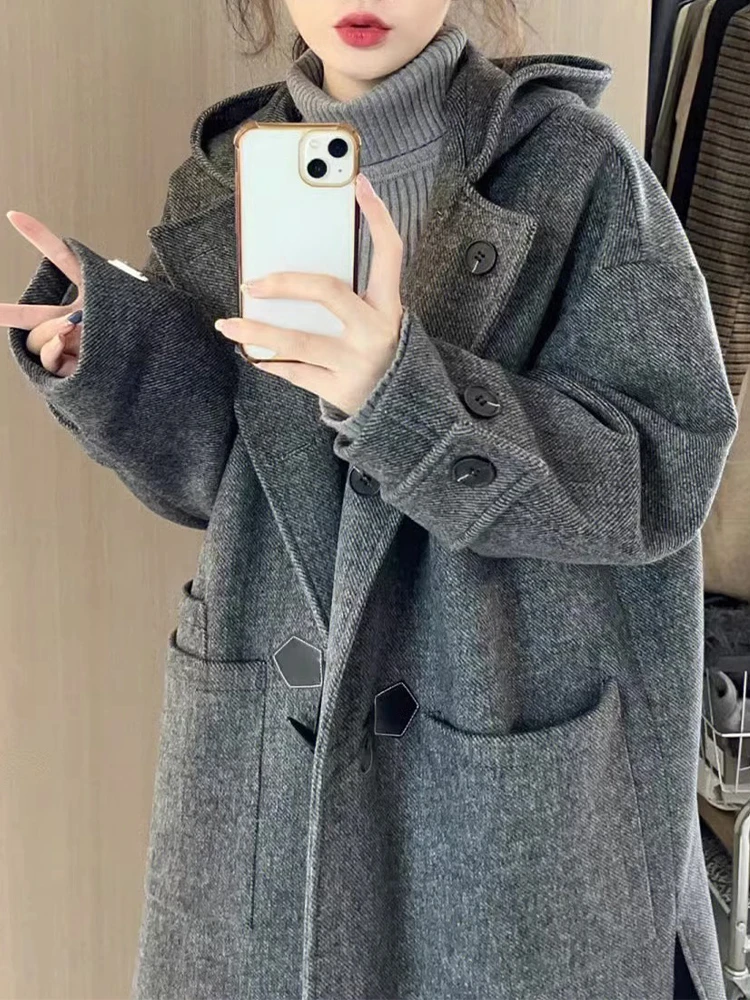 Preppy Style Thick Long Woollen Coats Women 2023 Winter Korean Fashion Pockets Trench Jackets Female Y2k Outerwear Casual Coats