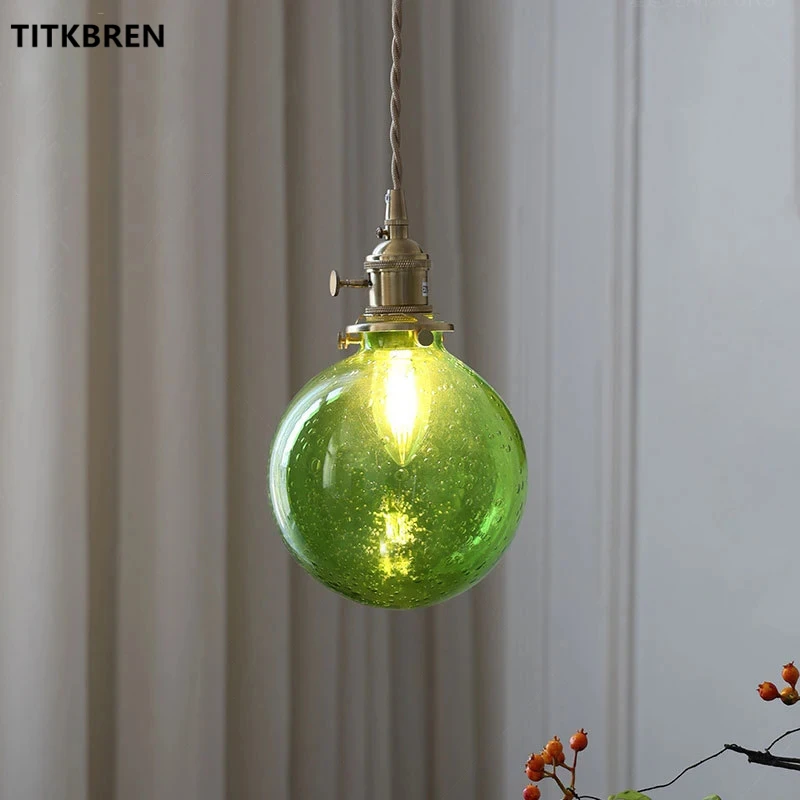 Retro Brass Glass Bubble Small Pendant Light Simple Style Bedroom Bedside Hanging LED Chandelier With Switch Indoor Lighting