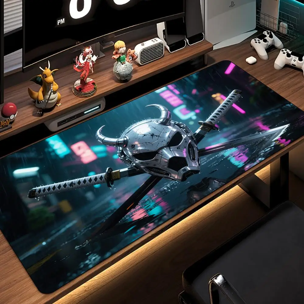 Neon Samurai Demon Large Gaming Mouse Pad Cyberpunk Warrior Purple Pink Light Non‑Slip Rubber Extended Keyboard Desk Mat 