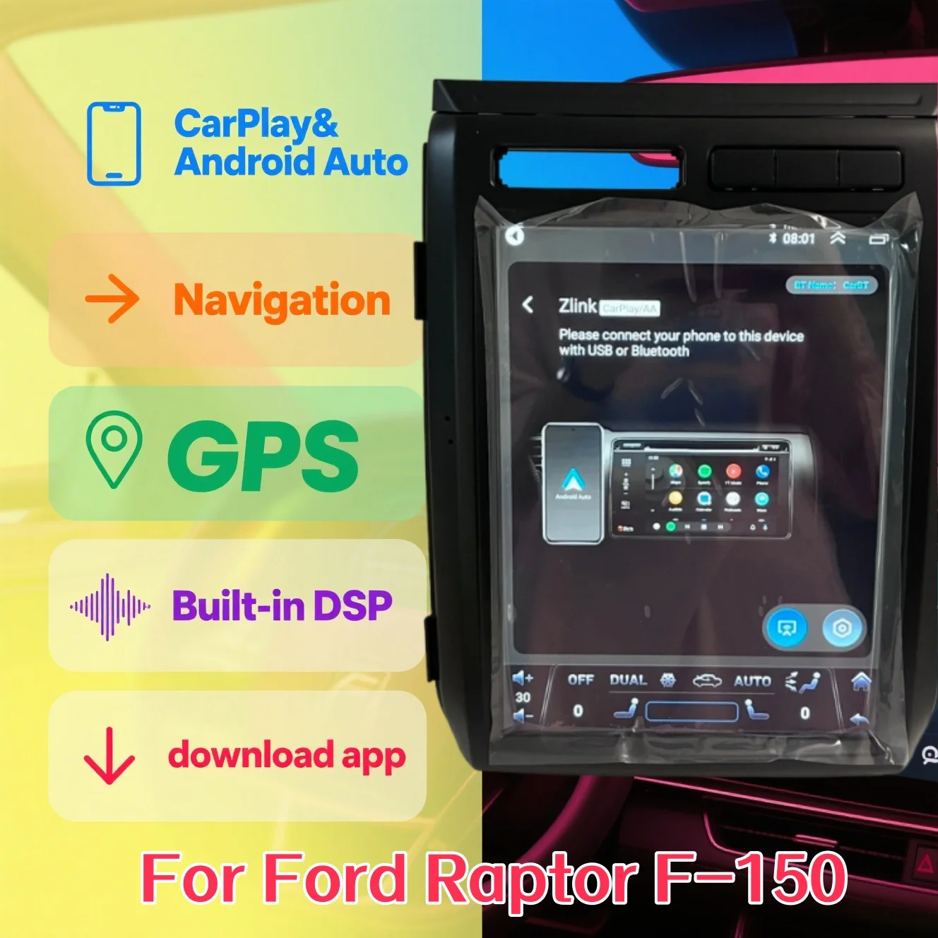 12.1 android14 para ford f150 raptor 2009-2012 navegação gps do carro reprodutor multimídia rádio hd carplay unidade wifi 4g ferramentas