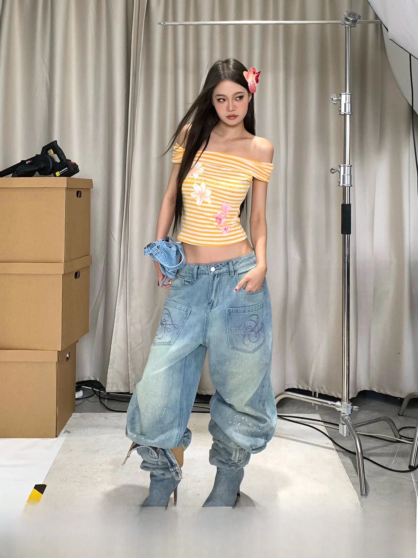 

Джинсы женские CCUP SPACE American Heavy Design Sparkling Water Diamond, широкие, свободные, с эффектом похудения, длиной в пол, повседневные, с низкой посадкой