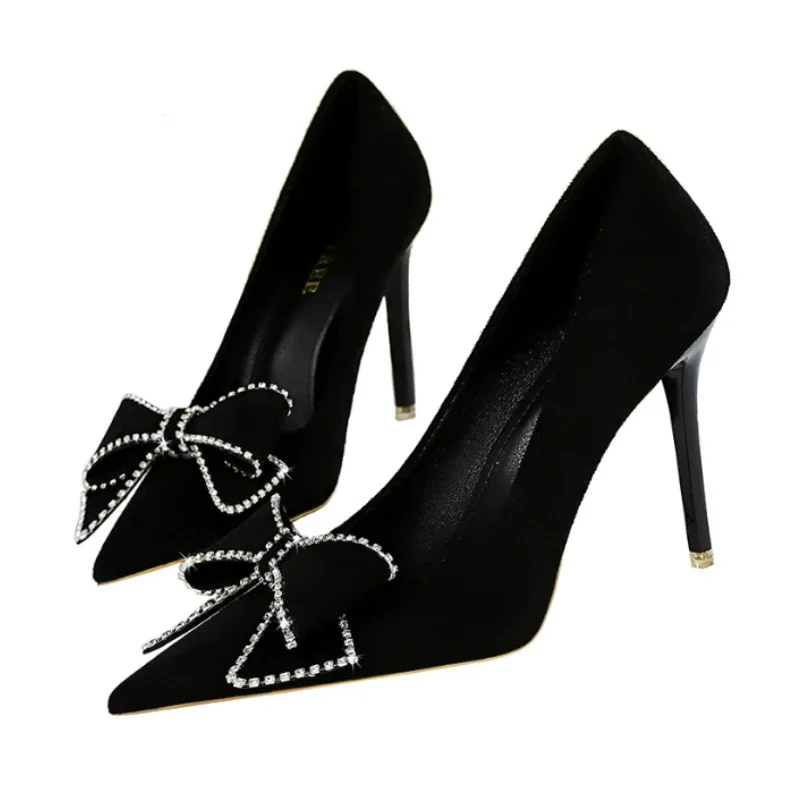 Women Fetish 10.5cm High Heels Scarpins Flock Sweet Party Pumps Lady Kawaii Rhinestone Butterfly Knot Black Sexy Nightclub Shoes