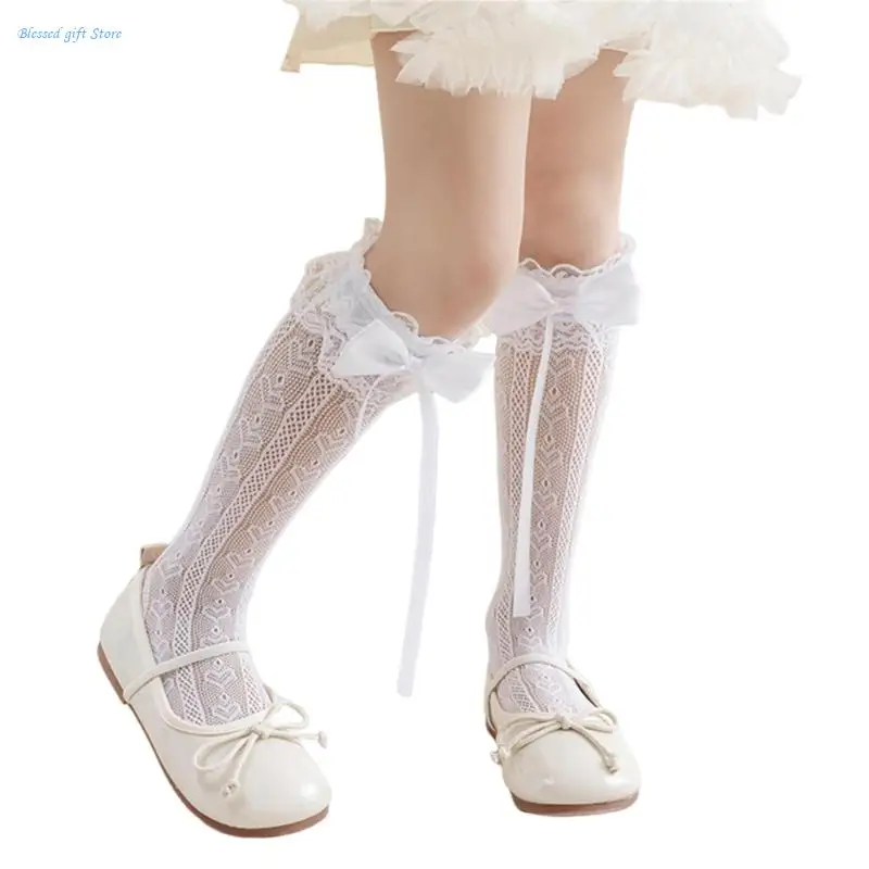 Girls Stockings Bowknot Ribbon Sweet Thigh High Stockings Socks for Little Girl Student Ruffle Knee Socks