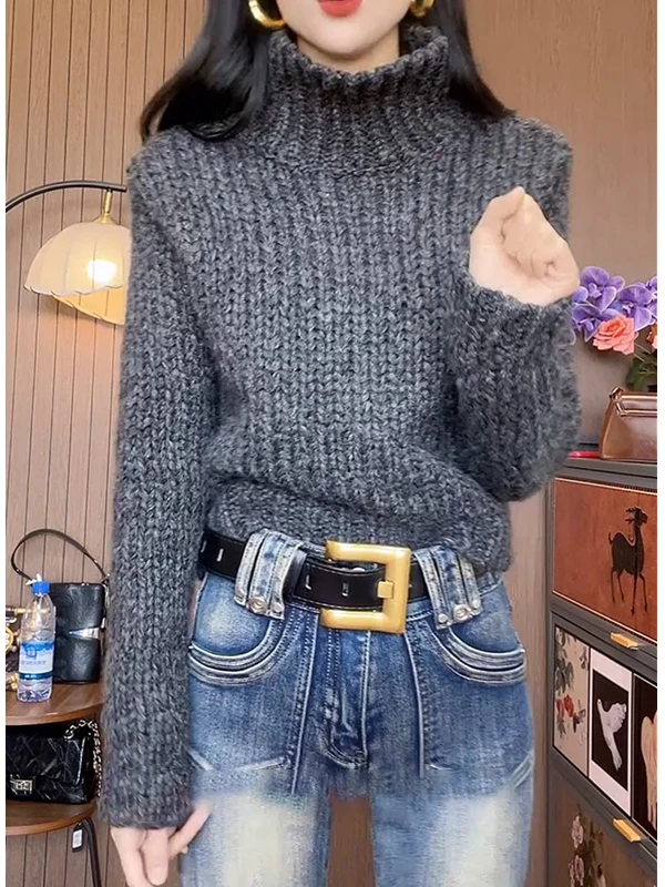 

Retro High Collar ort Knit Sweater Women's Loose Long Sve Autumn Winter Faionable Sli Comfortable Knitted Top