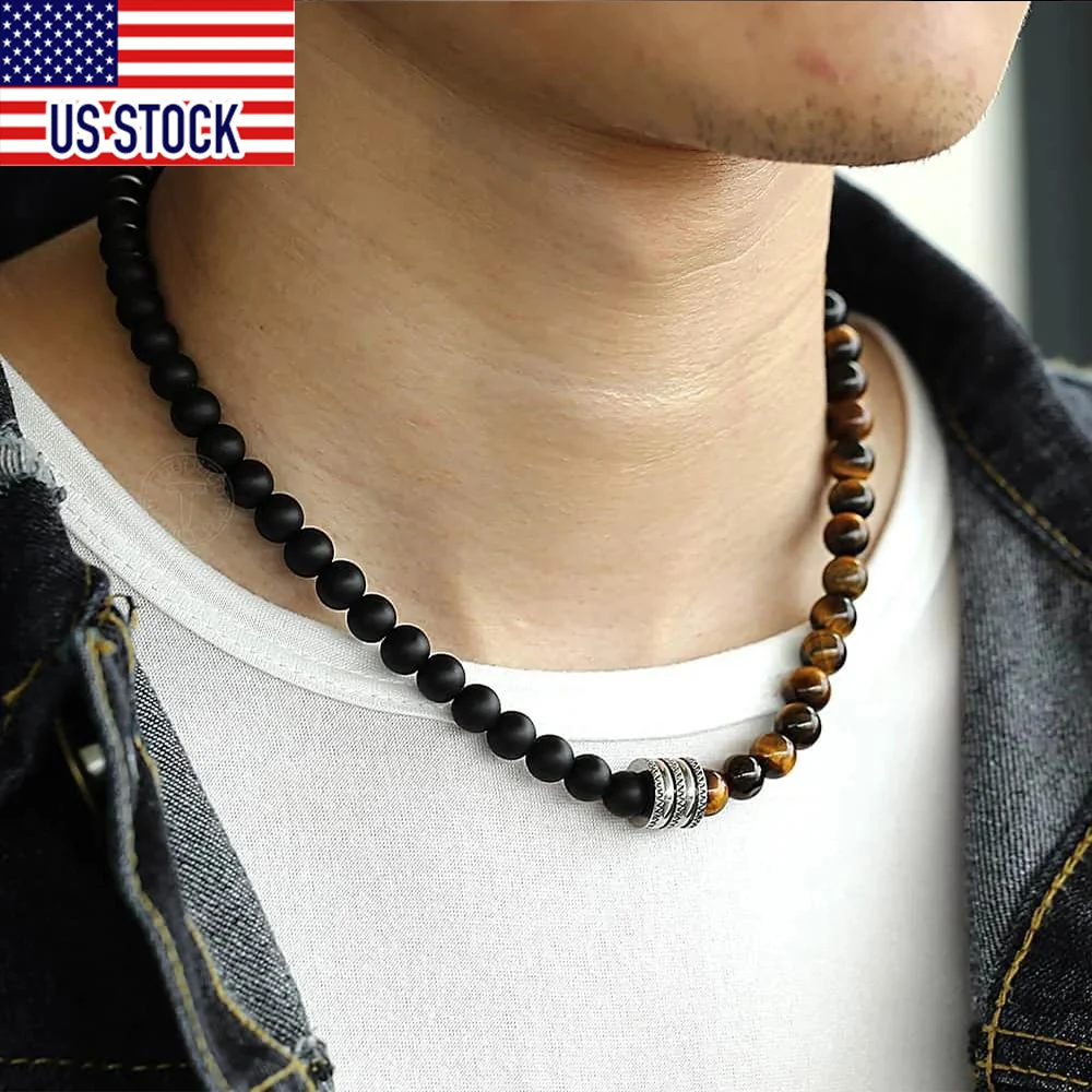 Natural Tiger Eyes Stone Bead Necklace for Men Women Stainless Steel Charm Black Glass Bead Necklace Toggle Clasp DTNB00101A