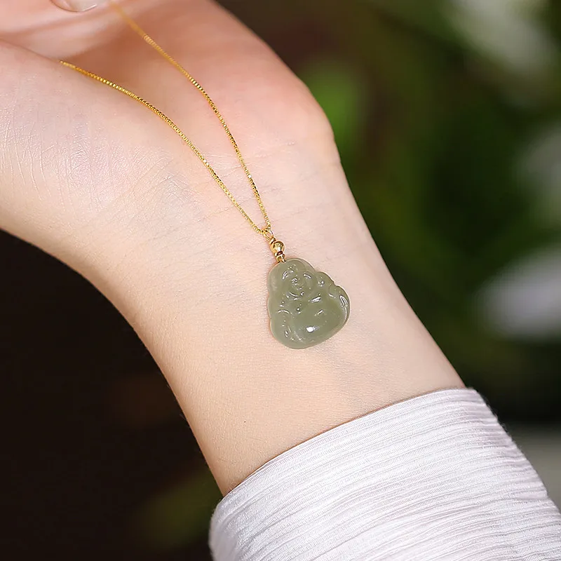 2026 New Style Maitreya Buddha Natural Hetian Jade Necklace Sterling Silver Clavicle Chain Jade Pendant Jewelry Festival Gift
