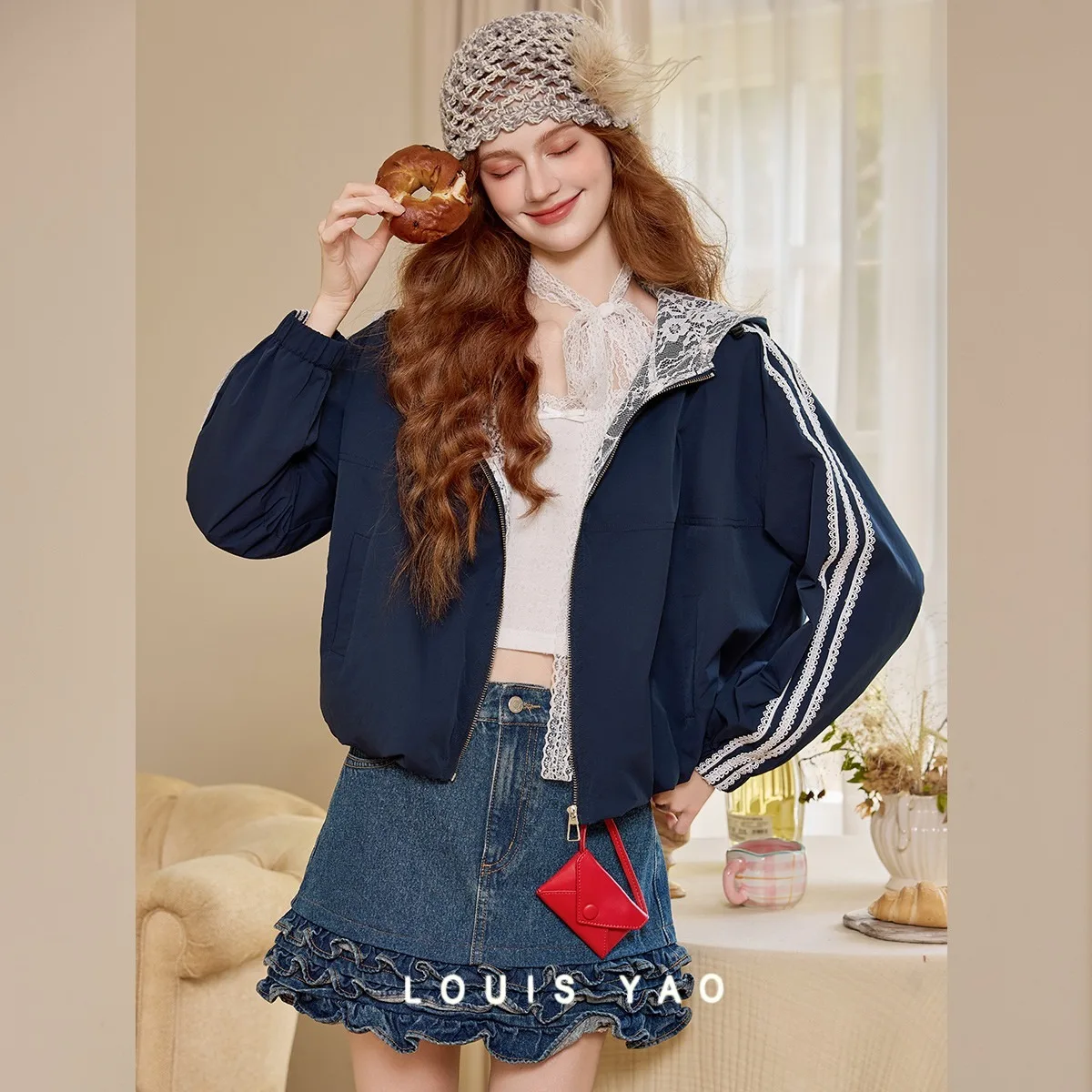

LOUIS YAO Spliced Lace-Lined Hooded Jacket 2025 Autumn Fashion Elegant Top Coat Off Shoulder Women's Cardigan Chic Wear