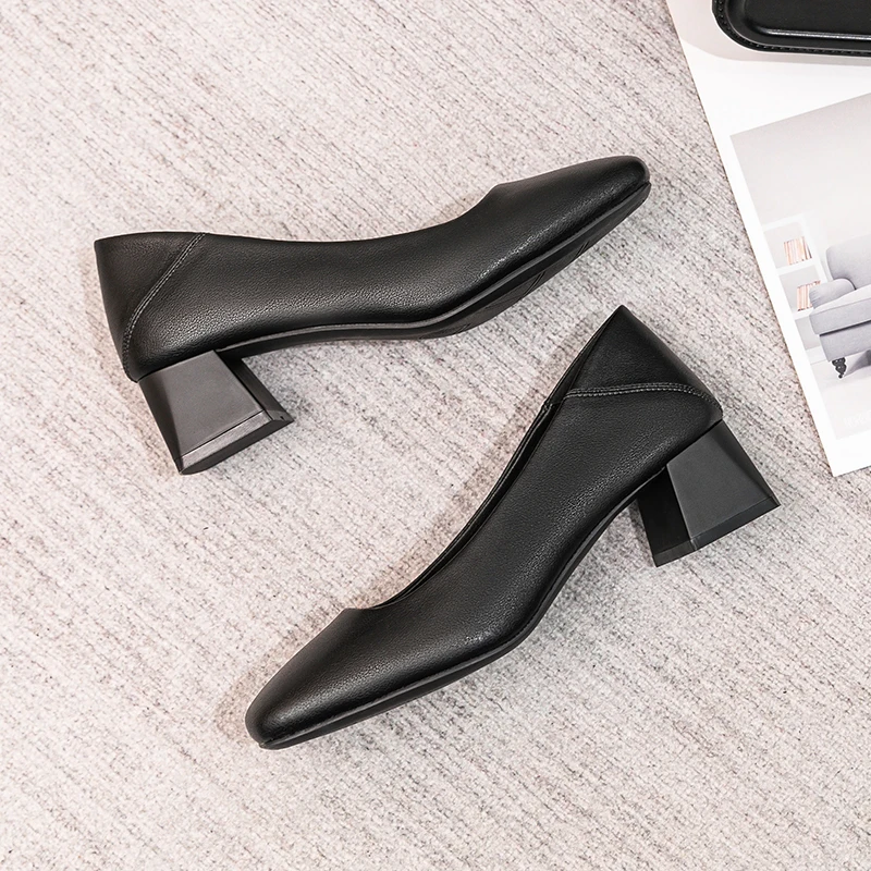 High Heels Women Black Work Shoes Interview Hotel Professional Shoes Soft Bottom Leather Shoes Square Toe Chunky Heel Leather...