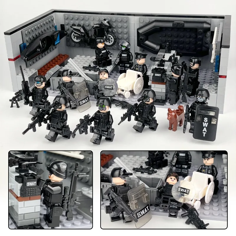 

Антитеррористические военные полицейские, спецназовцы, пилоты ВВС, оснащенные моделями сцен и игрушками из мелких строительных блоков.