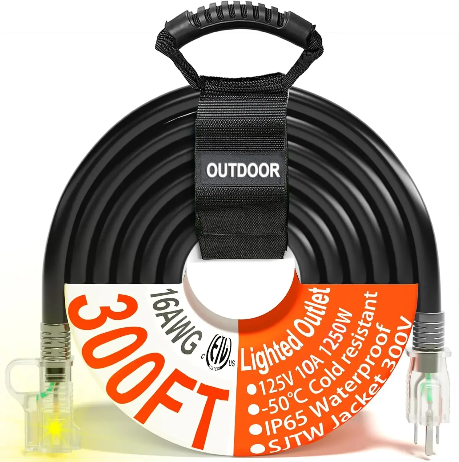 

16/3 Gauge 300 ft Black Outdoor Extension Cord Waterproof with Lighted end Flexible Cold-Resistant 3 Prong Long Extension Cord