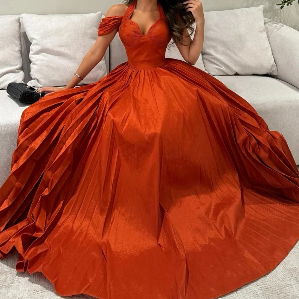 Party Gowns Exquisite V-Neck Satin Off the Shoulder Sleeveless A-Line Evening Dress Sweep Train Pleats Photo Color Floor Length