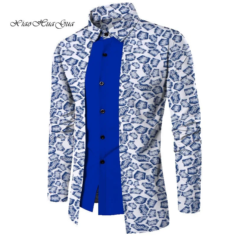 

In Stock L Size Men African Shirts African Print Casual Shirt Tops Bazin Riche Turn-down Neck Shirts Wedding WYN555-XH