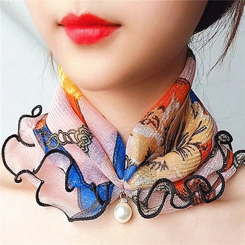 Fake Pearl Pendant Ruffle Lace Scarf Organza Neck Collar Chiffon Scarves Print Shiny Scarf Multi-functional Elastic Neck Wrap