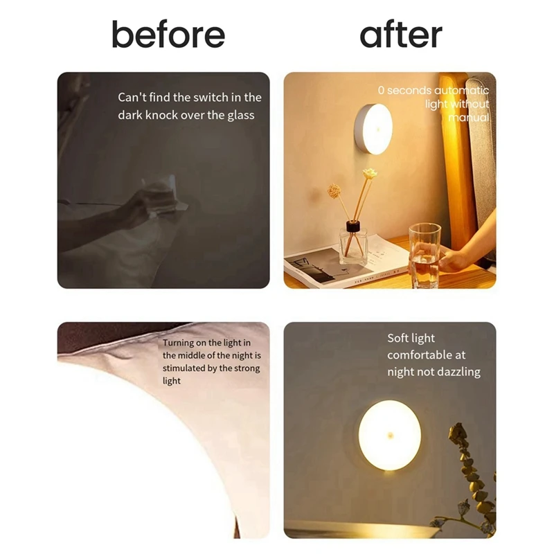 Luce notturna a LED con sensore di movimento da 4 pezzi, lampada da notte per camera da letto ricaricabile tramite USB, durevole, bianco freddo