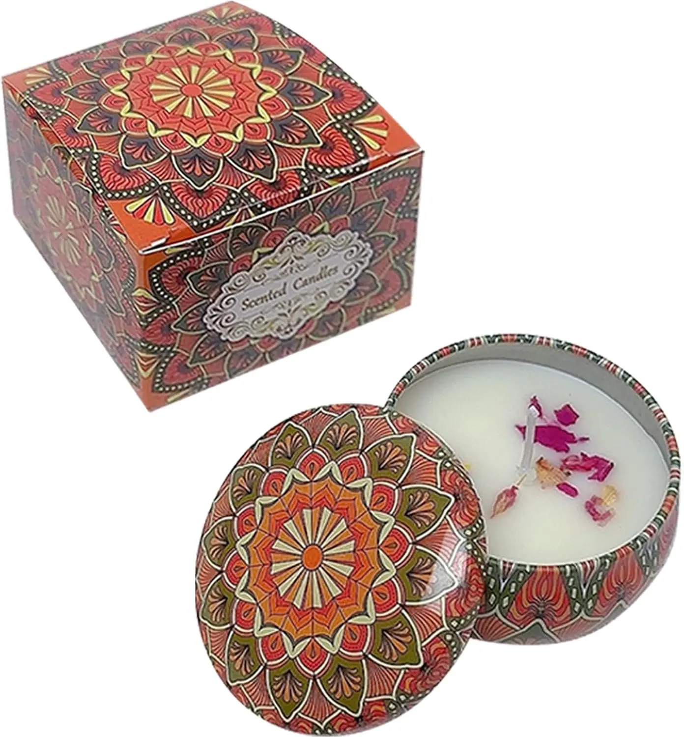 Vela Aromática Mandala Pequeña en Lata, 2.36 Pulgadas con Flores Secas, para Decoración del Hogar, Relajación y Regalos, Tiempo de Quemado de 40-50 Horas