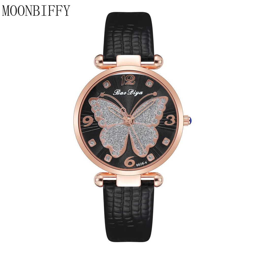 

Luxury Elegant Women Watches Rhinestone Butterfly Dial Leather Strap Quartz Watch Ladies Dress Wristwatch Relojes Para Mujer