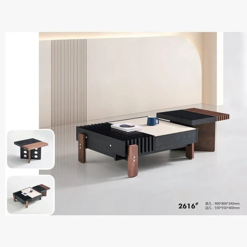 Modern Simple Marble Pattern Coffee Table Black Rectangular Solid Wood Storage Cabinet Living Room Furniture